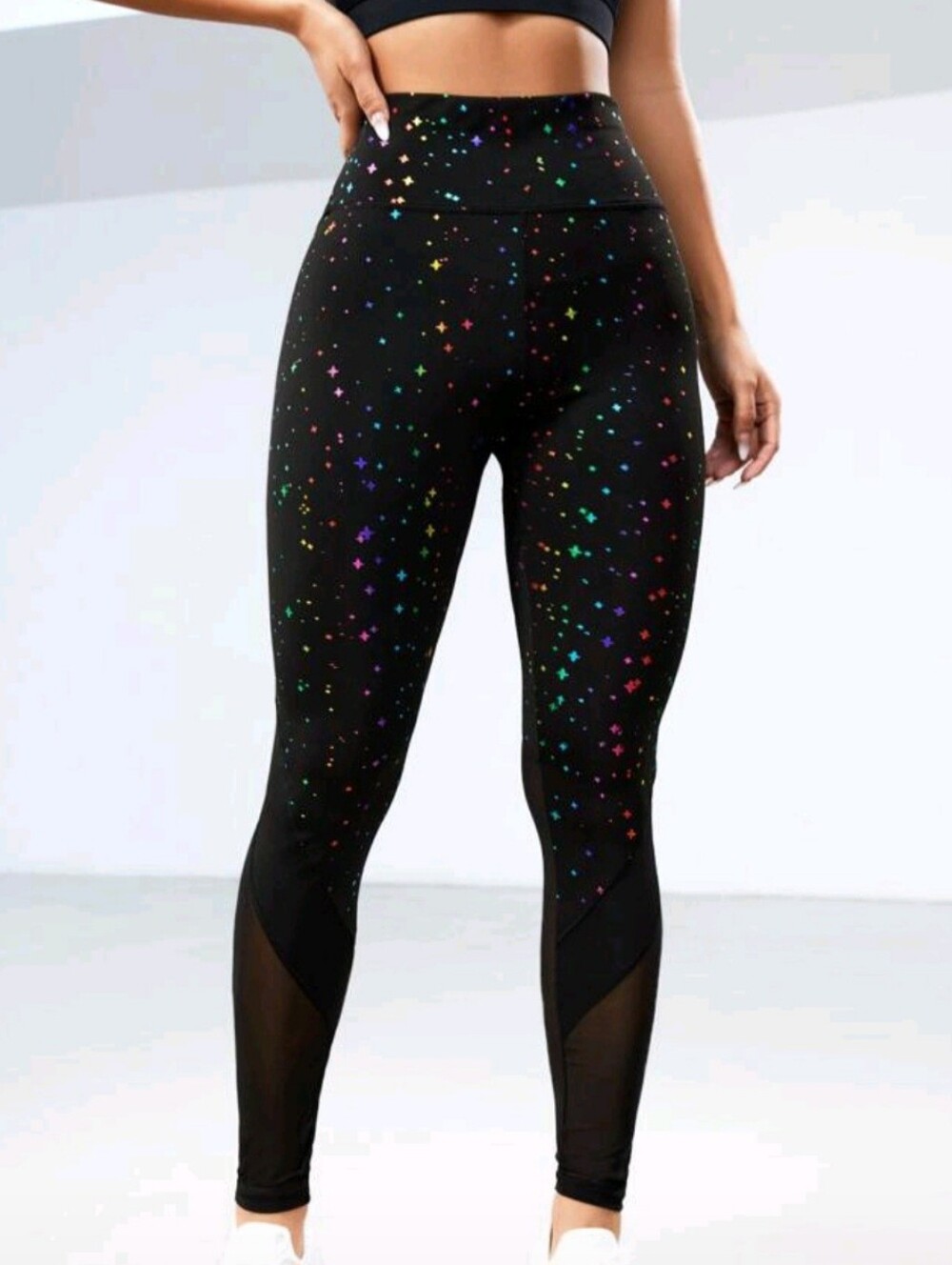 SHEIN Black Leggings with Tiny Multicolor Star Print